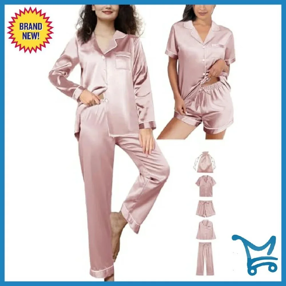 Silk Satin Pajama Set 5-Piece Button Down Lounge Sleepwear
